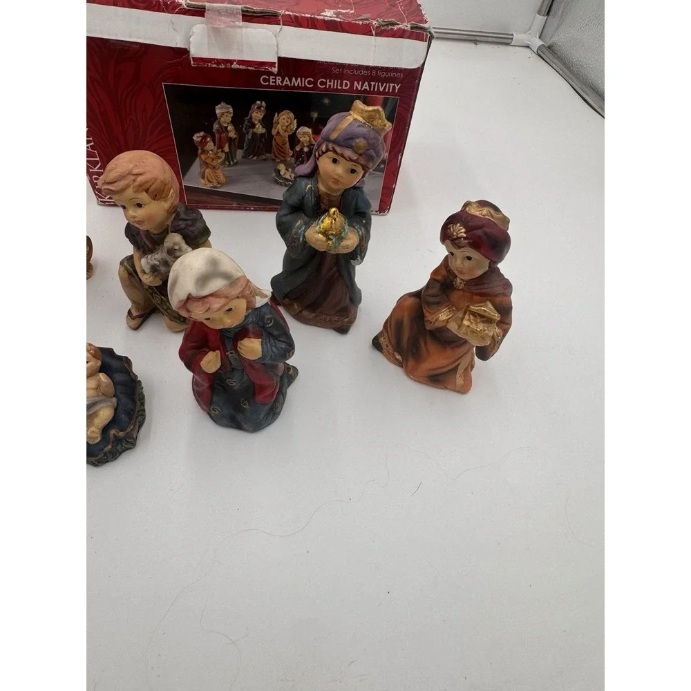 Vtg Nativity Child Set Kirklands Ceramic Glazed 7 Pieces Wiseman Is Missing 5.5